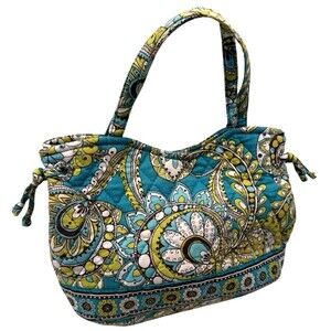 Vera Bradley Small Handbag Tote Purse Quilted Cotton Fabric Blue Green Paisley
